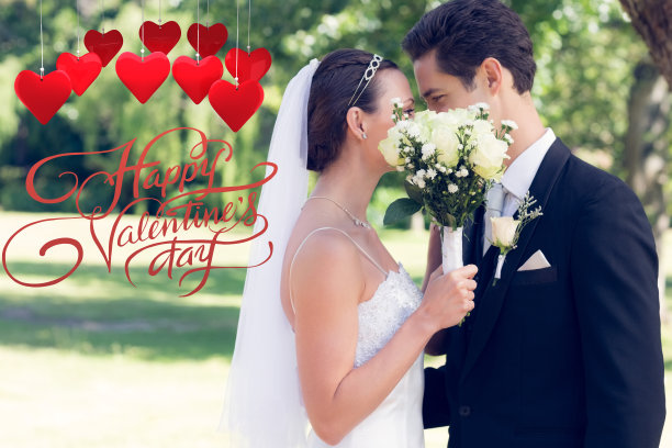 一对情侣在花园里的花束后面接吻的合成图片图片下载