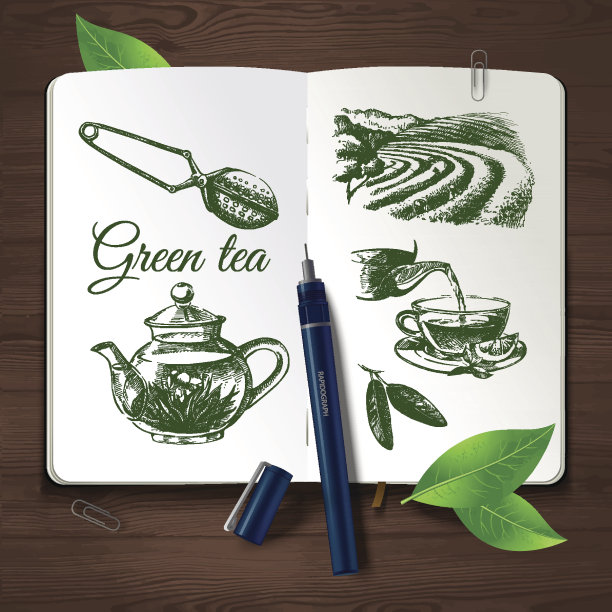 手绘素描茶具。矢量身份设置在木制背景图片下载