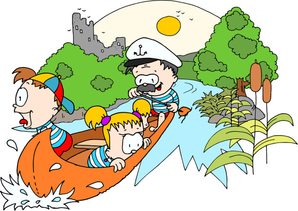 两个孩子和一个独木舟上的船长图片下载