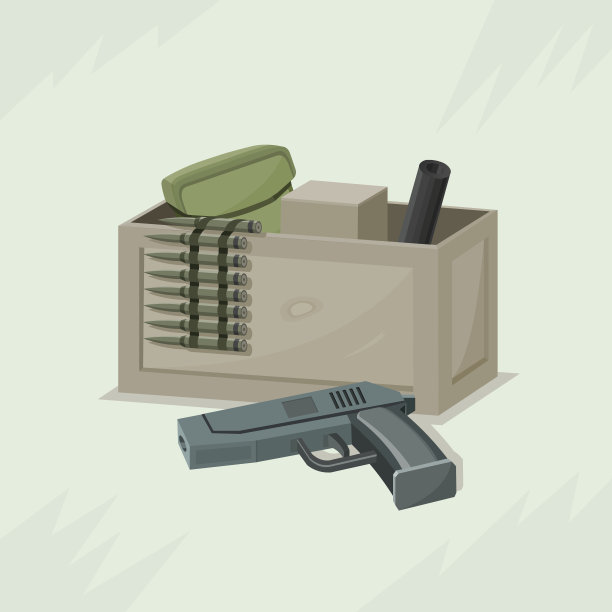 军事弹药(盒子和枪)。矢量插图。图片下载
