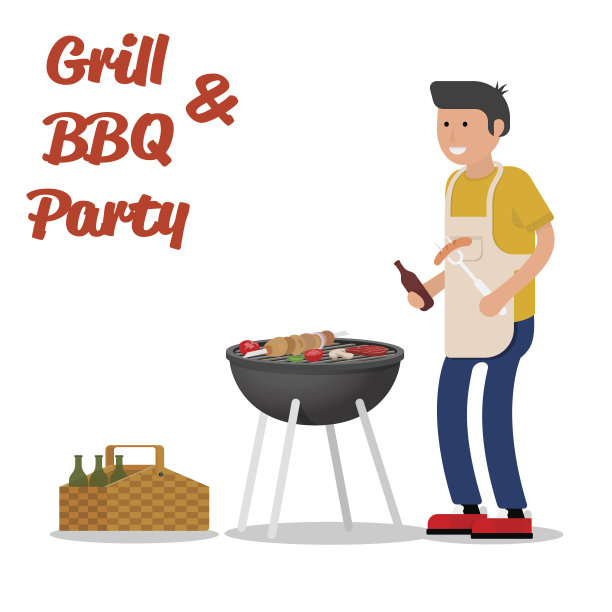 男子用烤架烤肉，烧烤派对矢量图图片下载
