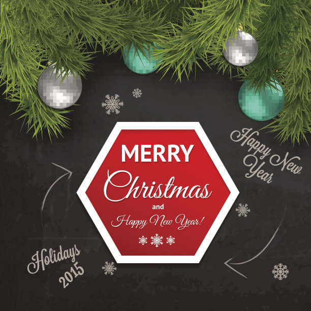 圣诞快乐的背景与松枝和圣诞球图片下载