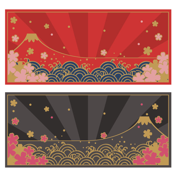 框架集传统日本波浪图案和藤山，樱花图片下载