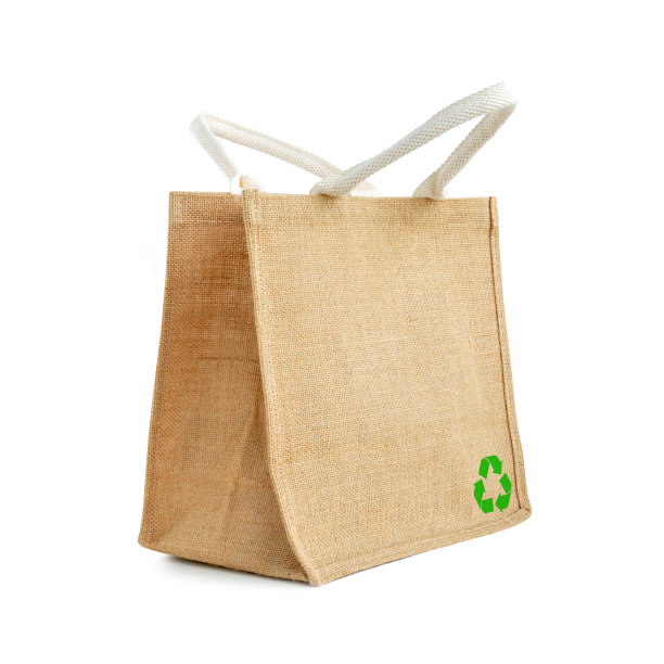 有可回收或可重复使用标志的黑麻布或黄麻购物袋图片下载