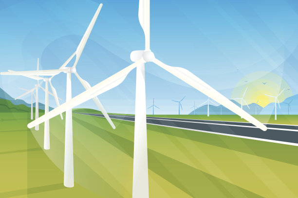 风力涡轮机农场在绿色的田野在日出图片下载