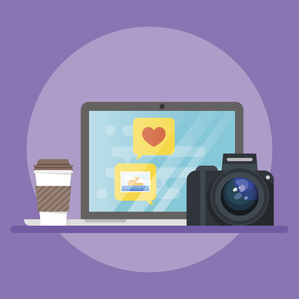 矢量插图的笔记本电脑，咖啡，相机。图片下载