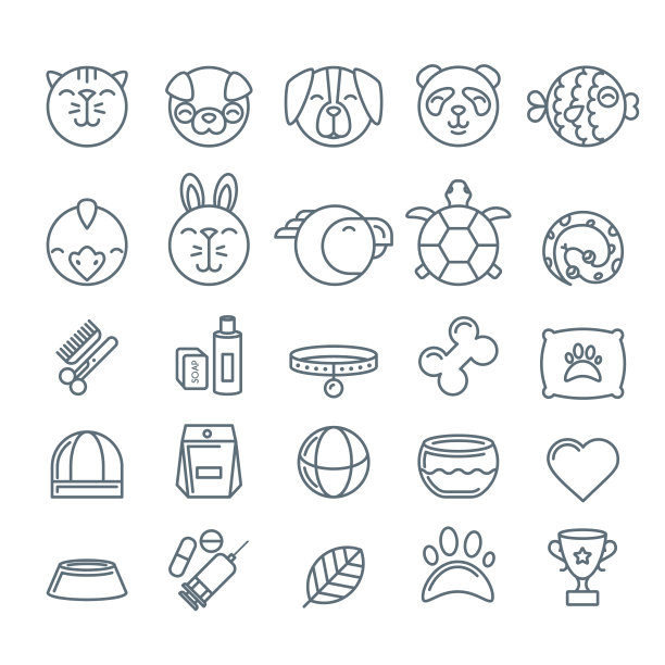 矢量轮廓宠物商店，动物园或兽医图标设置。图片下载