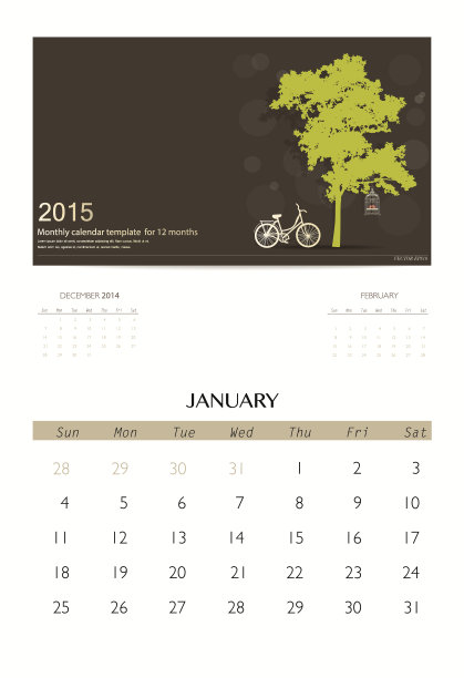 2015年日历，一月月历模板。图片下载