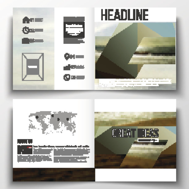 一套方形设计宣传册模板。彩色的多边形背景，模糊图片下载