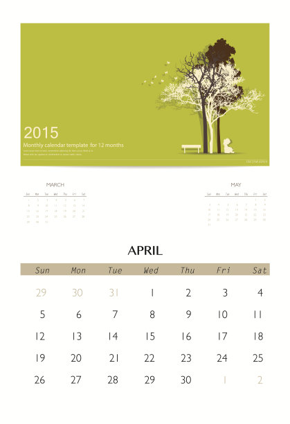 2015年日历，四月月历模板。图片下载