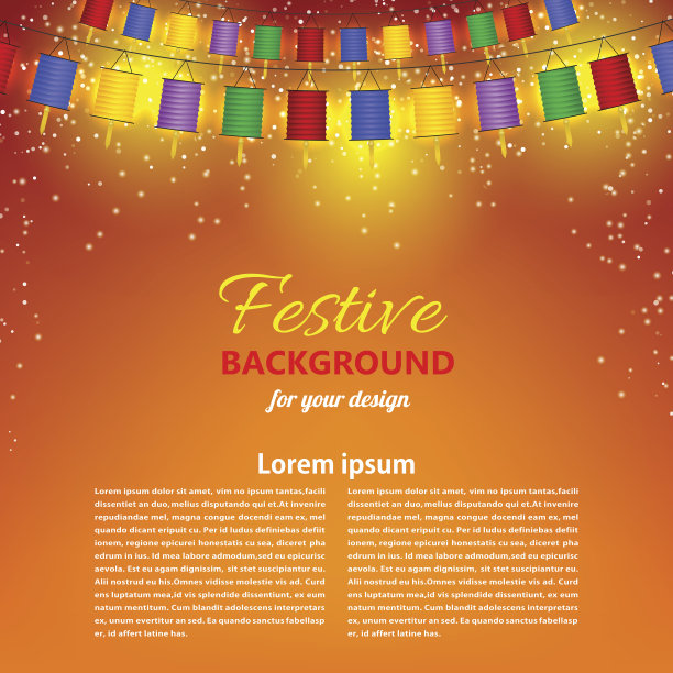 节日橙色背景与花环的中国灯笼。Vect图片下载