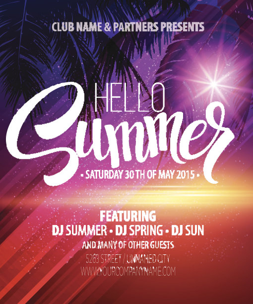 你好夏日海滩派对传单。矢量设计图片下载