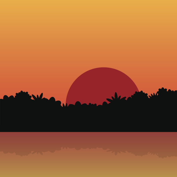 红色的日出映在丛林的水面上图片下载