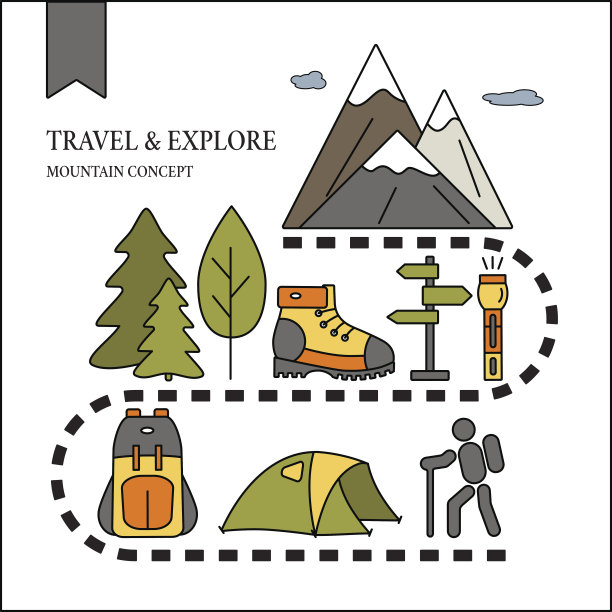 远足和户外旅行的概念。沿途多彩的旅游标志。图片下载