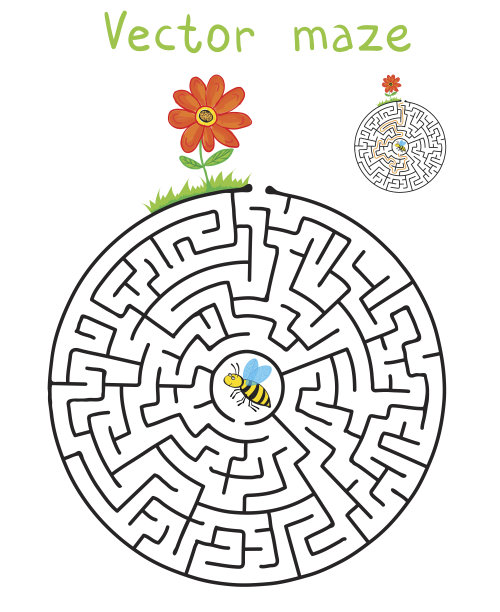 向量迷宫，迷宫飞行蜜蜂和花图片下载