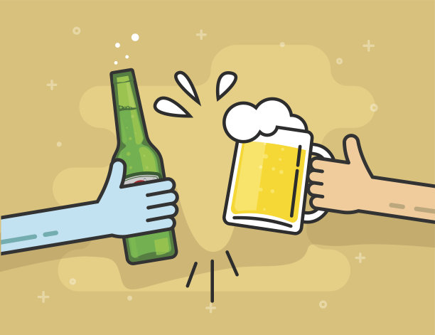 手捧啤酒杯和酒瓶，为快乐的朋友举杯，为欢呼的人们喝彩图片下载