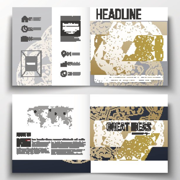 一套方形设计宣传册模板。黄金芯片模式，连接图片下载