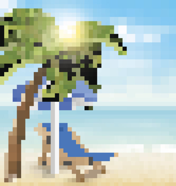 沙滩上有棕榈树、太阳伞和沙滩椅。假期图片下载