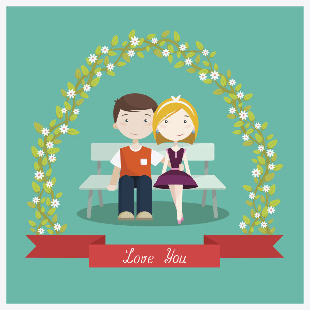 一对相爱的情侣坐在长椅上。矢量图图片下载