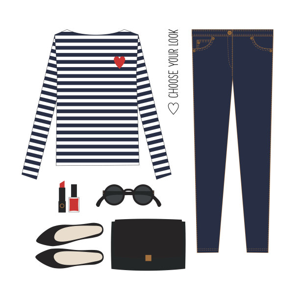 休闲的衣服。女性现代服装套装。图片下载