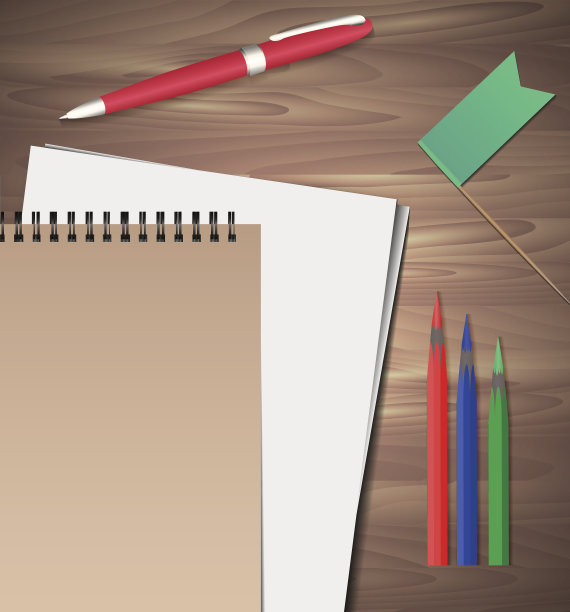 一套木制背景的文具。图片下载