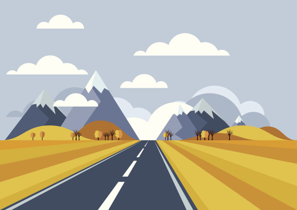 向量景观背景。黄麦田里的路，山上的路图片下载