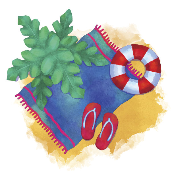 水彩夏季海滩卡通插图图片下载