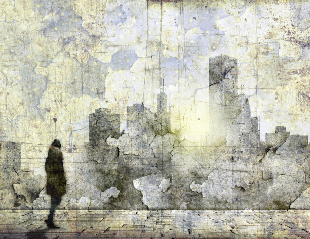 抽象的城市天际线与小女性形象难以辨认图片下载