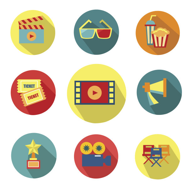 一组扁平的电影图标。电影元素的白色背景图片下载