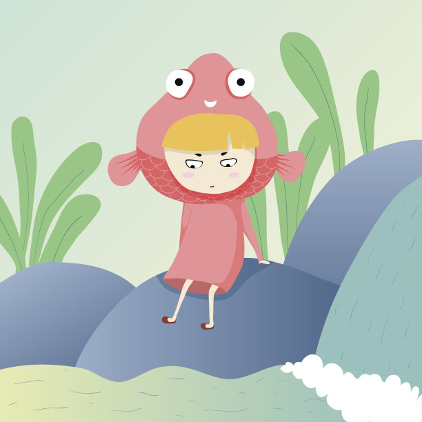 穿着鱼装的女孩坐在瀑布旁边的岩石上图片下载