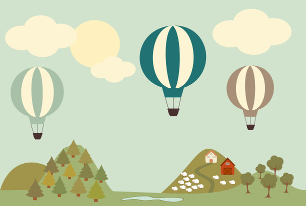 热气球景观卡通复古插图素材图片