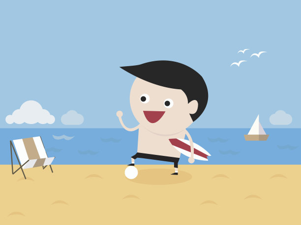 海滩，沙滩床，一个男孩和一艘船，图片下载