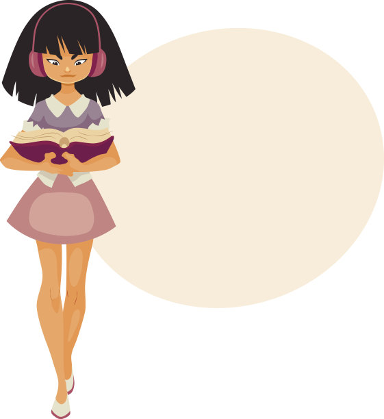 戴着耳机的亚洲小女孩边走边看书图片下载