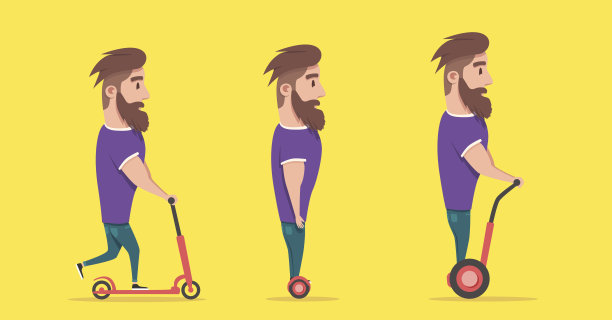 踩着悬浮滑板和滑板车的男人，卡通矢量插画图片下载