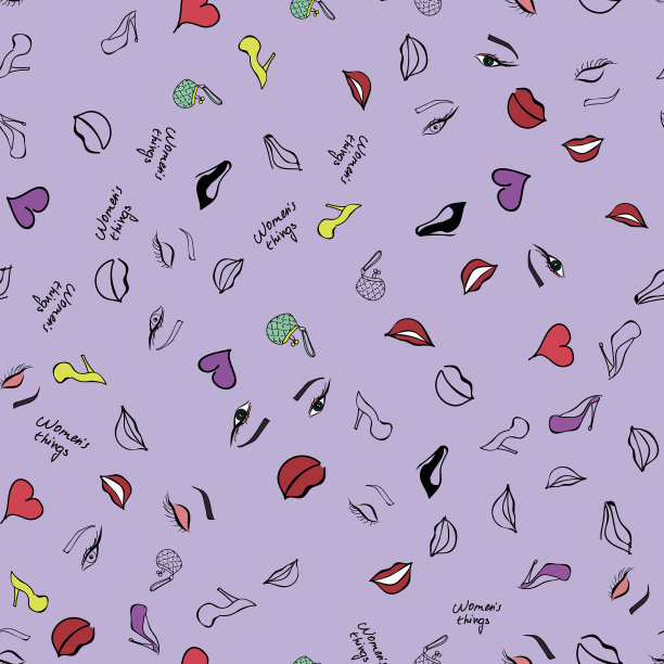 时尚女装彩妆及美容产品无缝图案化妆品、口红、包、鞋轮廓矢量插画图片下载