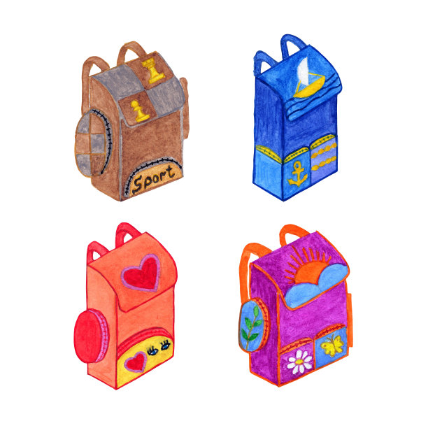 一套水彩背包孤立在白色背景。图片下载
