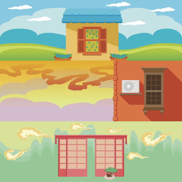 卡通景观的房子，窗户，云彩和天空图片下载