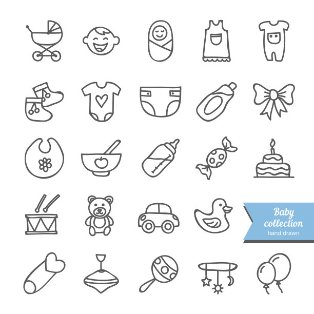 一套矢量手绘婴儿图标:衣服，玩具，食物图片下载