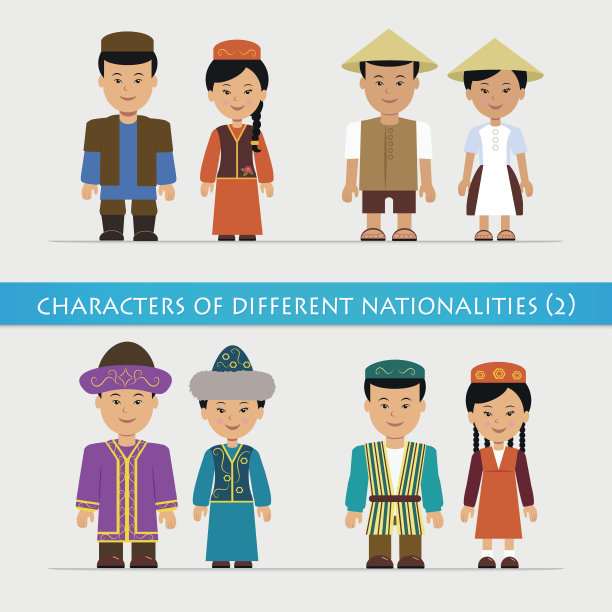 一组穿着传统民族服装的孤立人物。图片下载