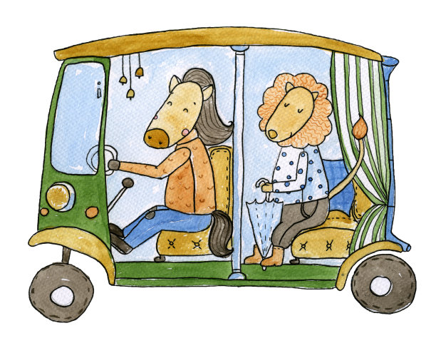 人力车水彩插图图片下载