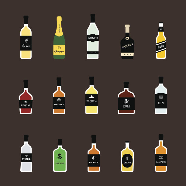 瓶装酒精饮料。平的图标集图片下载