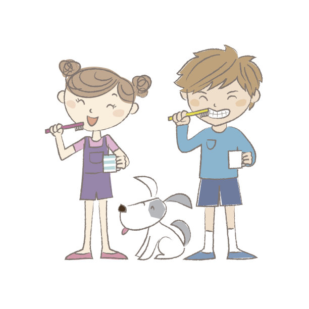 男孩，女孩和狗一起刷牙图片下载