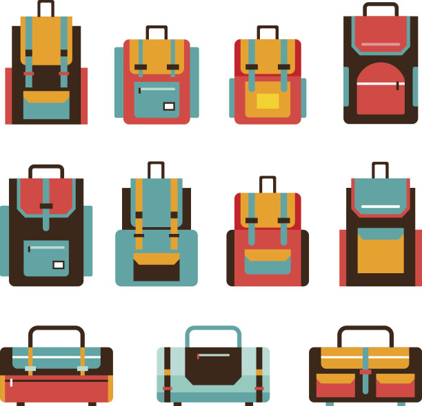 彩色旅行包和背包集现代平面设计图片下载