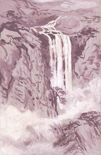 山瀑布。中国风格的山水画。水粉画图片下载