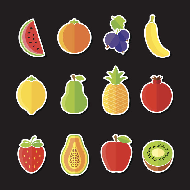 有机新鲜水果和浆果图标扁平设计图片下载