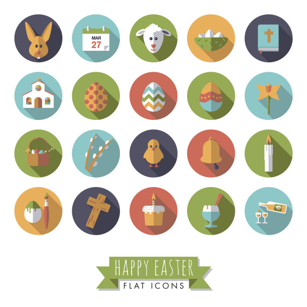 复活节符号圆平面设计矢量图标集图片下载