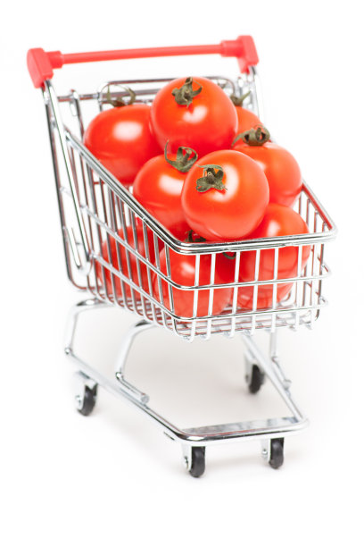 购物车里有西红柿，孤立在白色图片下载