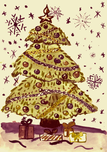 圣诞树上挂着雪，纸上画着水彩画图片下载