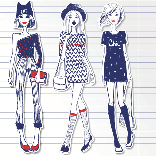 设置可爱的矢量女孩。在笔记本纸上画女孩图片下载