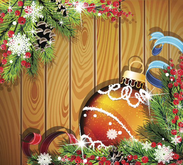 木制背景上的橙色圣诞球图片下载